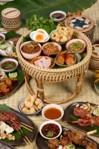 image shows northern thai food on table in nuea mek restaurant, silom, bangkok, thailand
